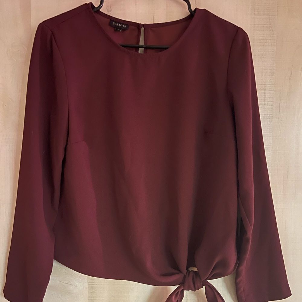 Talbots‎ maroon burgundy long sleeve blouse top tie front, size medium